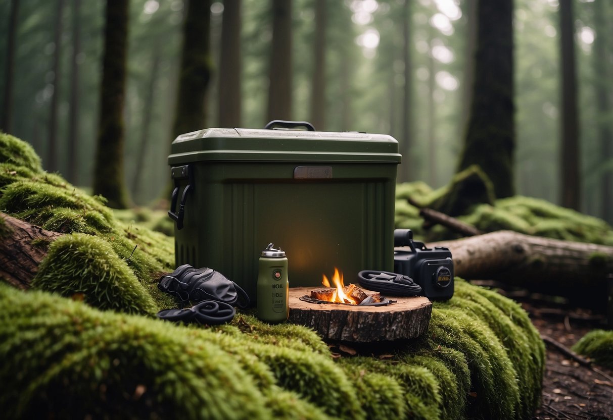 A rugged, weathered cooler sits atop a moss-covered log in a dense forest. Surrounding it are scattered camping gear and a crackling campfire