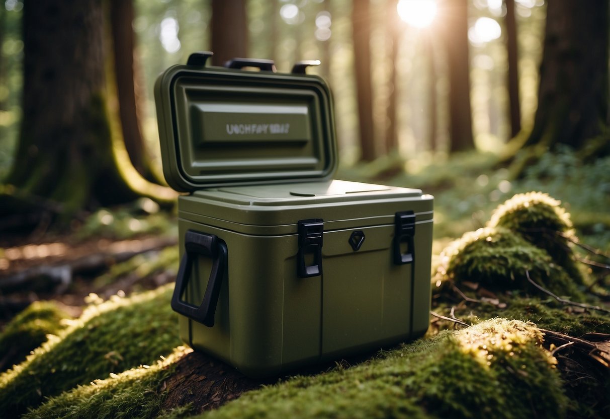 A bushcraft cooler sits on a mossy forest floor, surrounded by tall trees and dappled sunlight. The cooler is open, revealing its spacious interior and sturdy construction