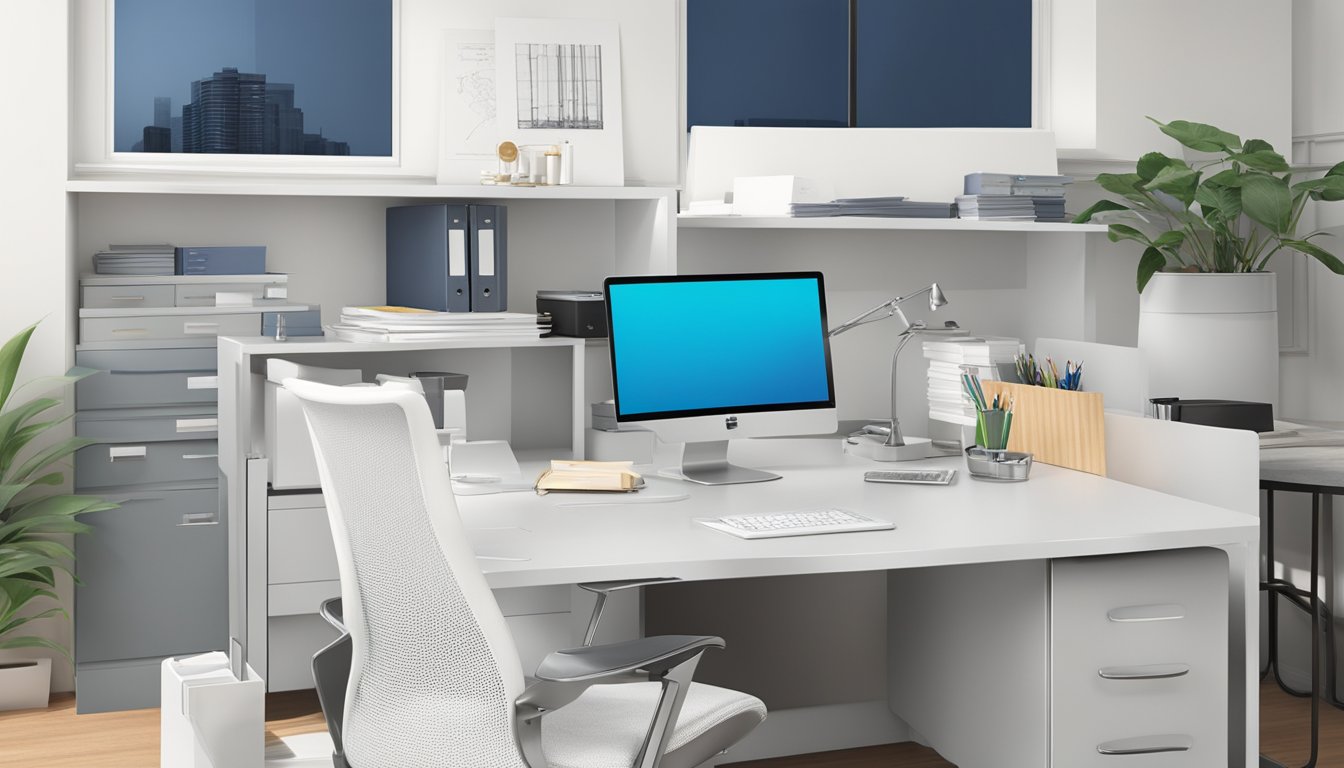 A sleek, modern office desk adorned with high-quality corporate gifts from Global Asia Printings Pte Ltd. Impeccable craftsmanship and attention to detail evident in each item