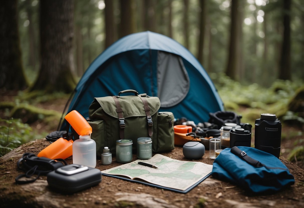 A person packing a backpack with a map, compass, and survival gear. A tent and sleeping bag are laid out nearby. A knife and fire-starting tools are organized on a table