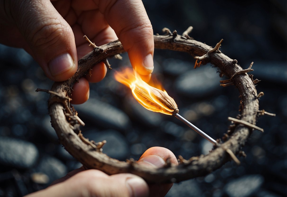 Dry twigs and leaves are piled in a small circle. A person's foot is shown striking a flint against a steel rod, creating sparks to ignite the tinder