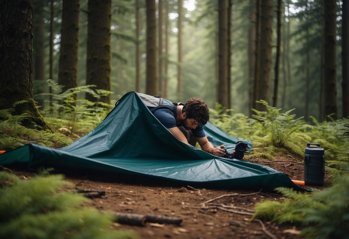 A person laying out a durable tarp in a forest clearing, surrounded by trees and bushes, with a backpack and camping gear nearby