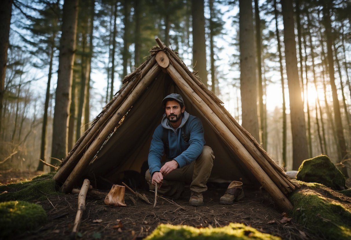 A person constructs a shelter in a wooded area, using natural materials and tools. The shelter is sturdy and well-built, providing protection for a bushcraft trip