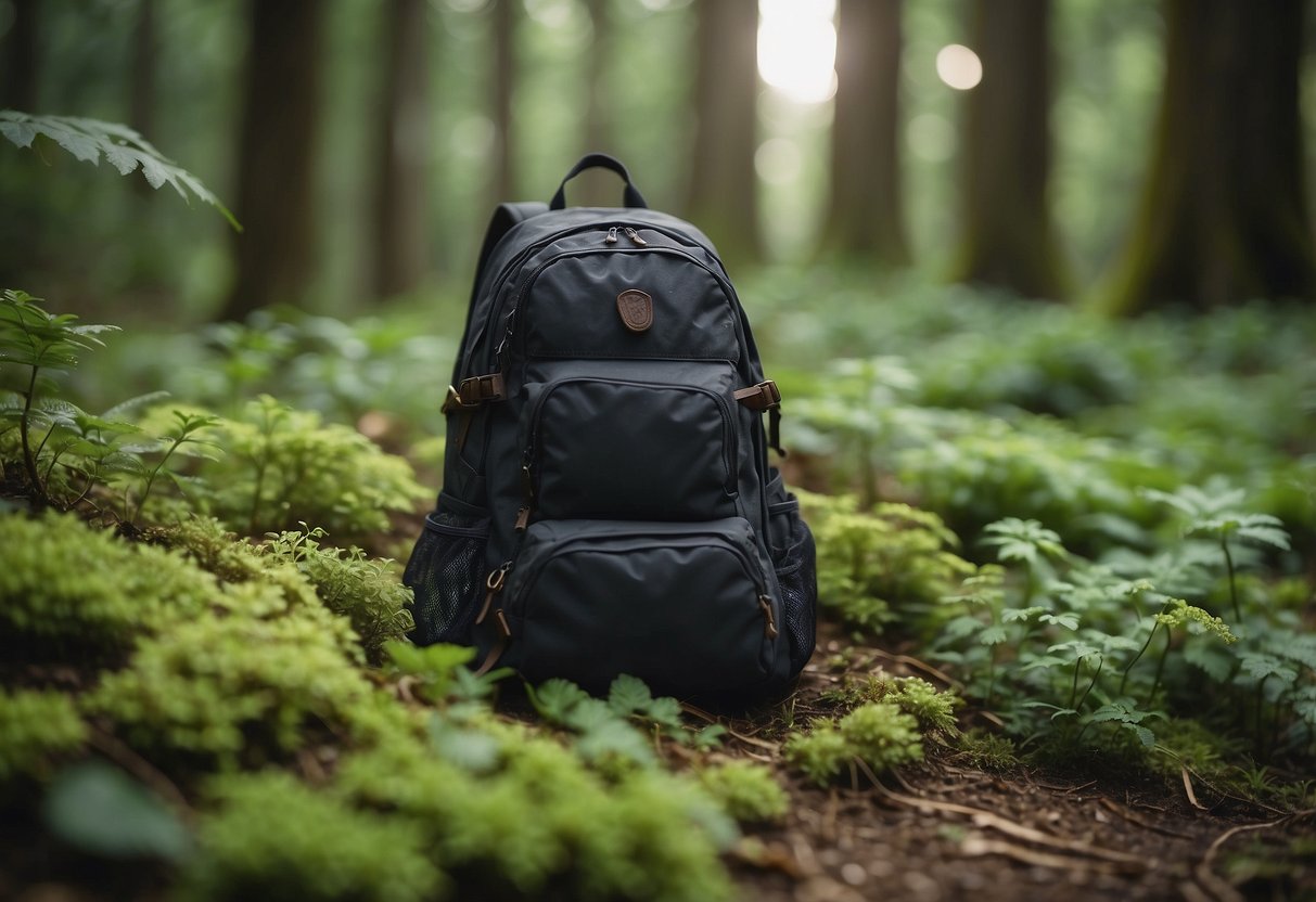 Lush forest floor with various edible plants, including berries and herbs. A person's backpack and hiking gear are scattered nearby