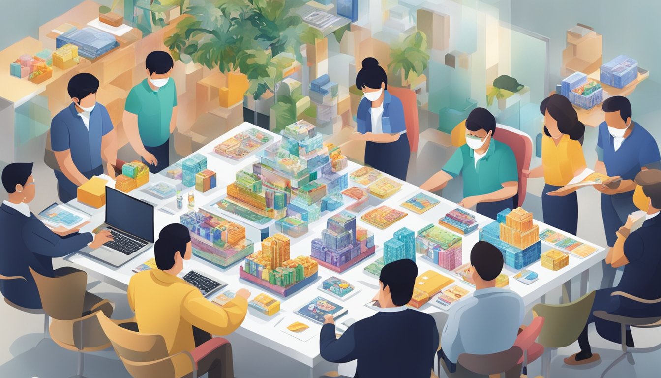 A table adorned with corporate gifts, surrounded by satisfied clients reviewing the quality and value of products from Global Asia Printings Pte Ltd