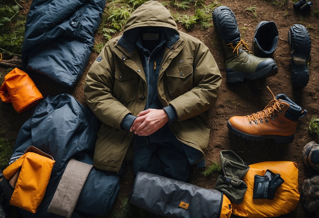 A person lays out a variety of clothing items, including thermal layers, waterproof jackets, and sturdy boots, in preparation for a bushcraft trip