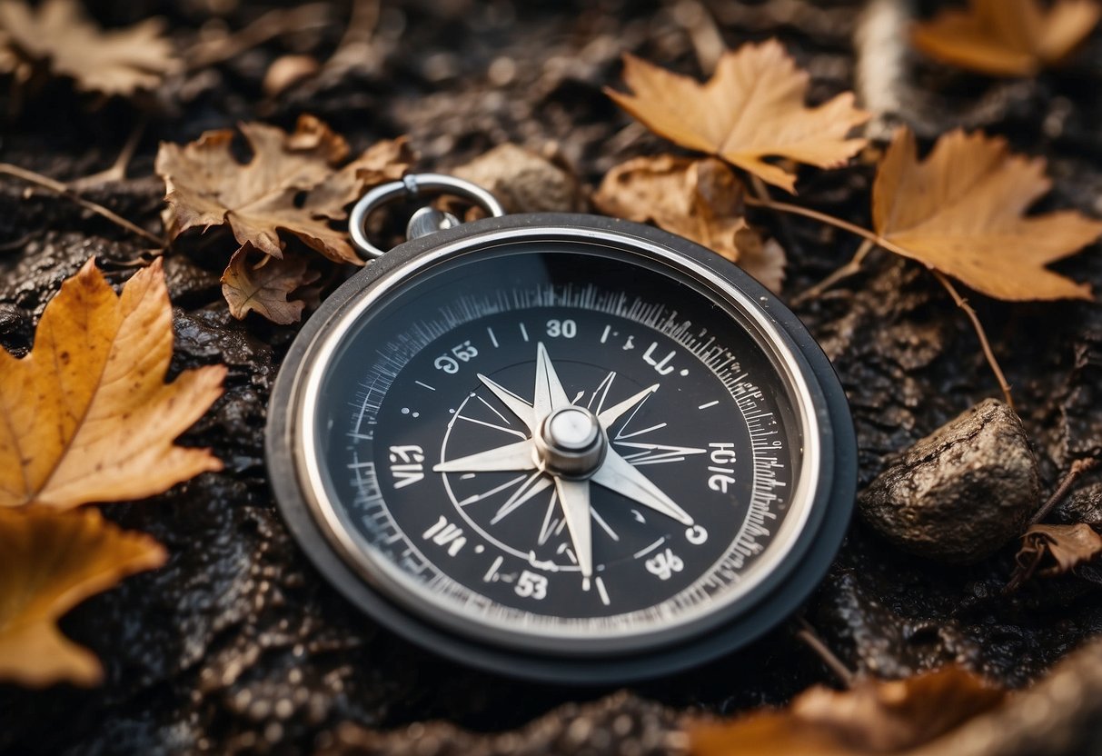 Animal tracks in mud, surrounded by fallen leaves and twigs. A compass and map lie nearby, with a backpack and hiking boots in the background