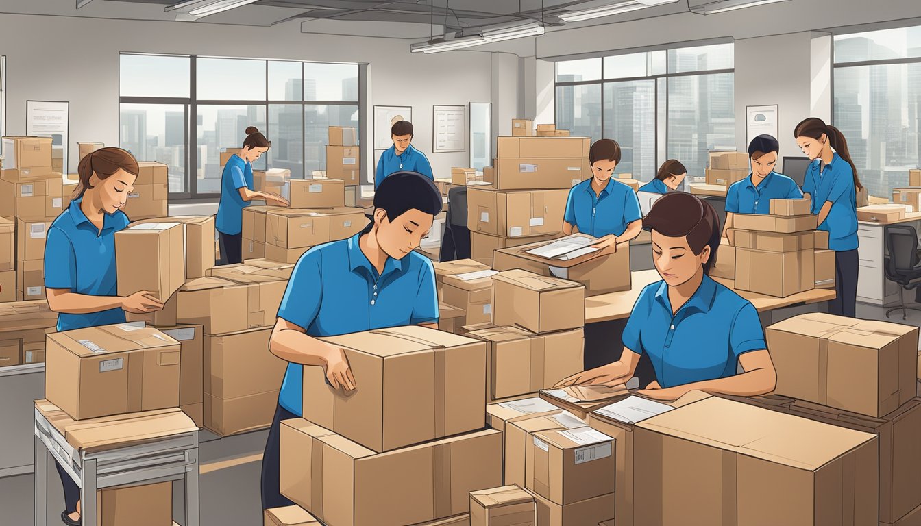 A busy office with employees packing and labeling corporate gifts for shipping. Boxes stacked neatly, with a global map on the wall