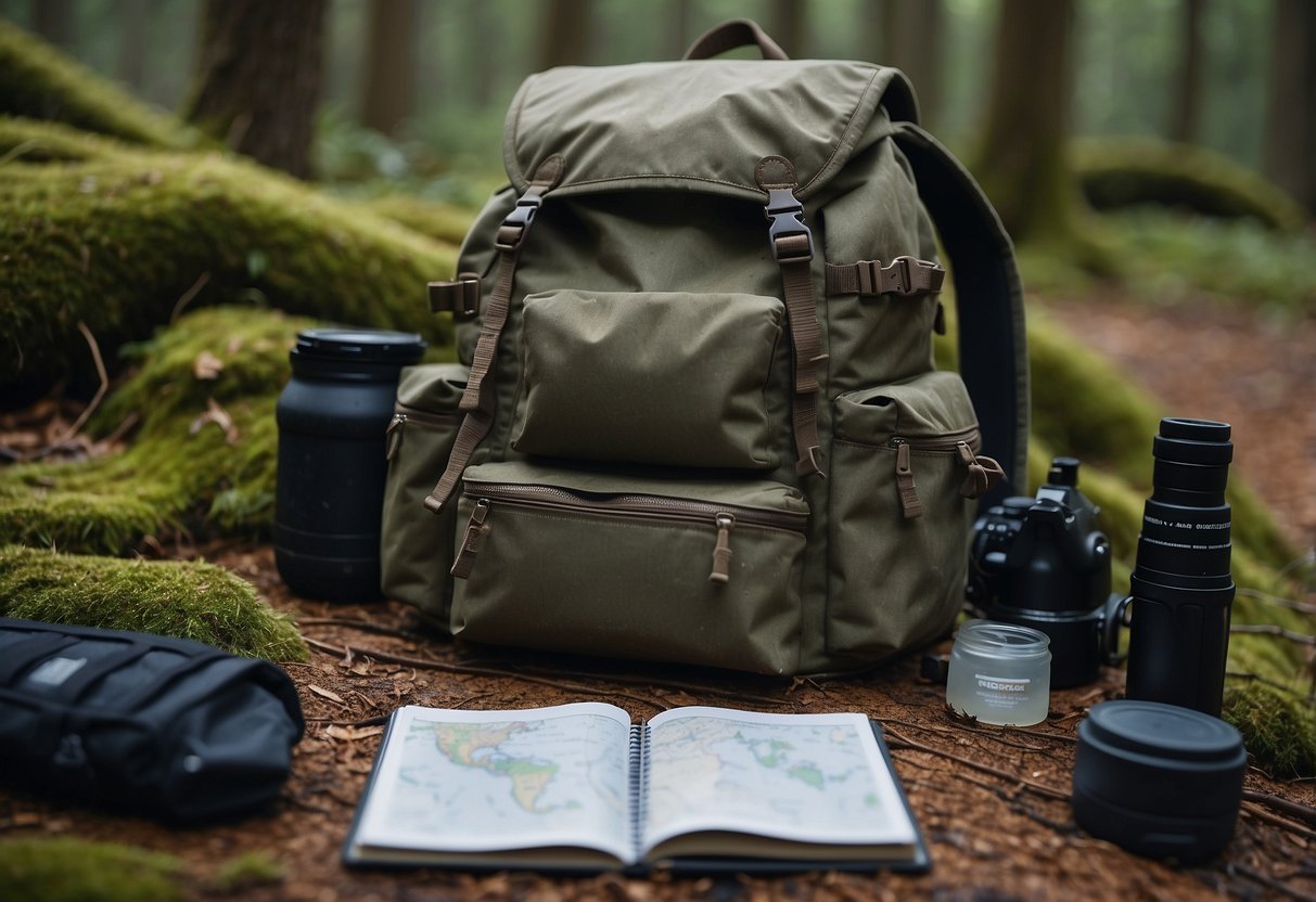 A backpack sits open on the forest floor, filled with survival gear. A map is spread out, and a notebook with training tips is tucked inside