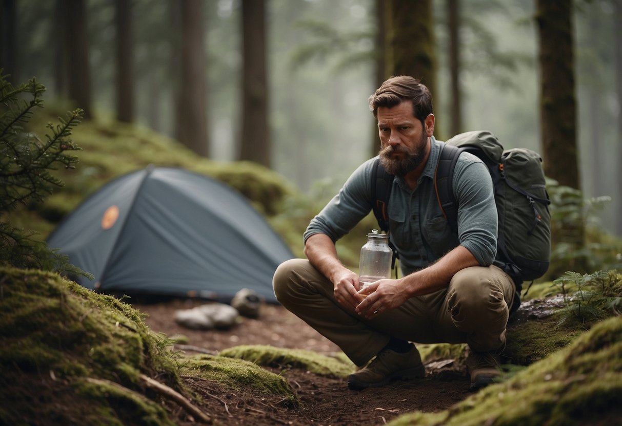 A bushcrafter stands on a mountain trail, feeling dizzy and nauseous. They sip water and take slow, deep breaths. Nearby, a campsite is set up with a tent and cooking gear