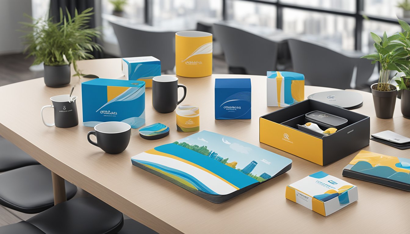 A diverse group of corporate gifts from Global Asia Printings Pte Ltd are displayed on a sleek, modern table, featuring high-quality branding and packaging