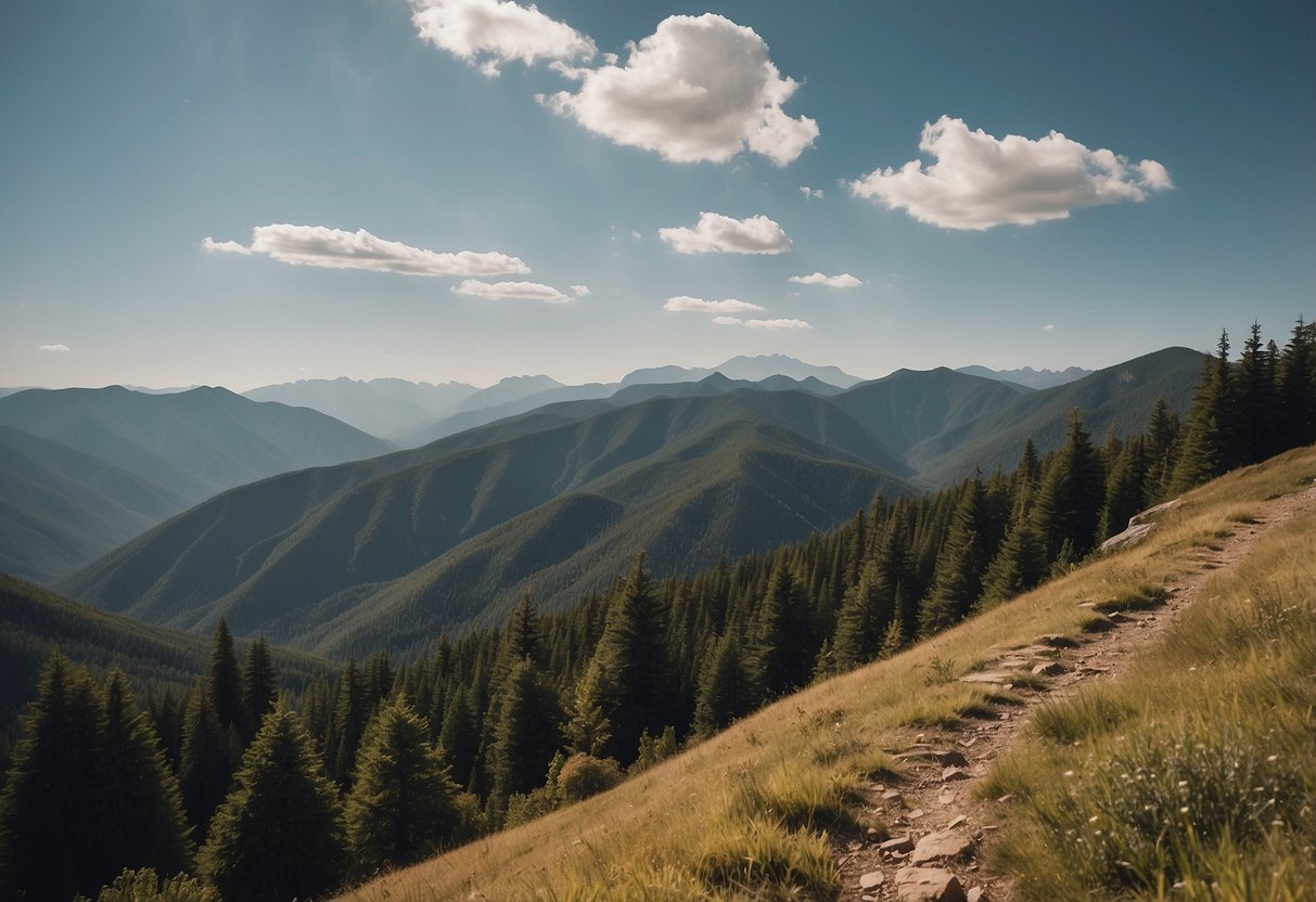 A mountainous landscape with a gradual incline, scattered trees, and a clear sky. A bushcrafter slowly ascends, taking breaks to acclimate to the high altitude