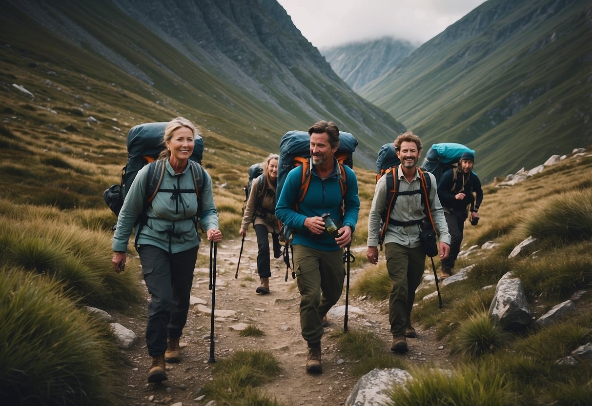 A group of bushcrafters trekking through high-altitude terrain, carrying backpacks and water bottles. They avoid alcohol and follow tips for dealing with altitude sickness