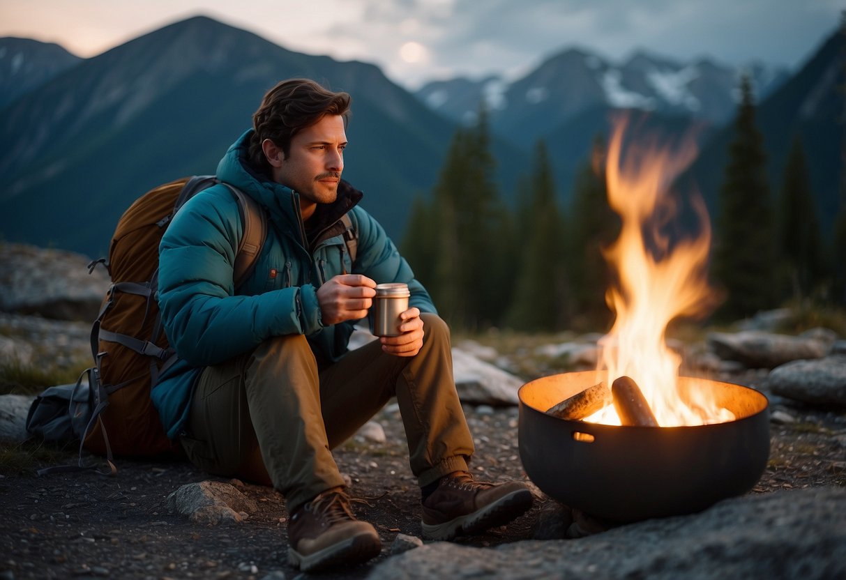 A person sits by a campfire, surrounded by mountains. They hold a bowl of carbohydrates, while a backpack and hiking gear lie nearby. The person looks fatigued, with a faint hint of nausea