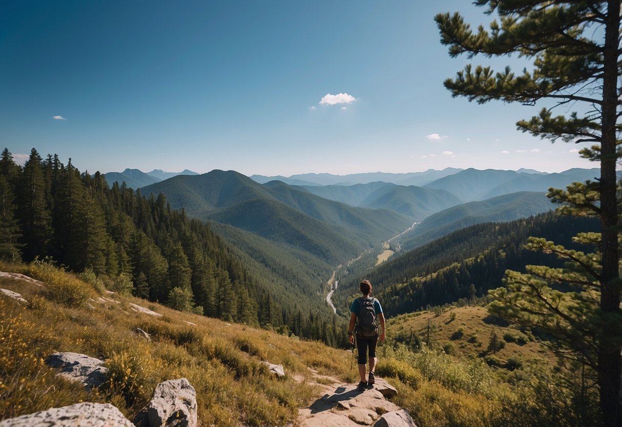 A mountainous landscape with a hiker pausing to catch their breath, surrounded by dense forest and clear blue skies