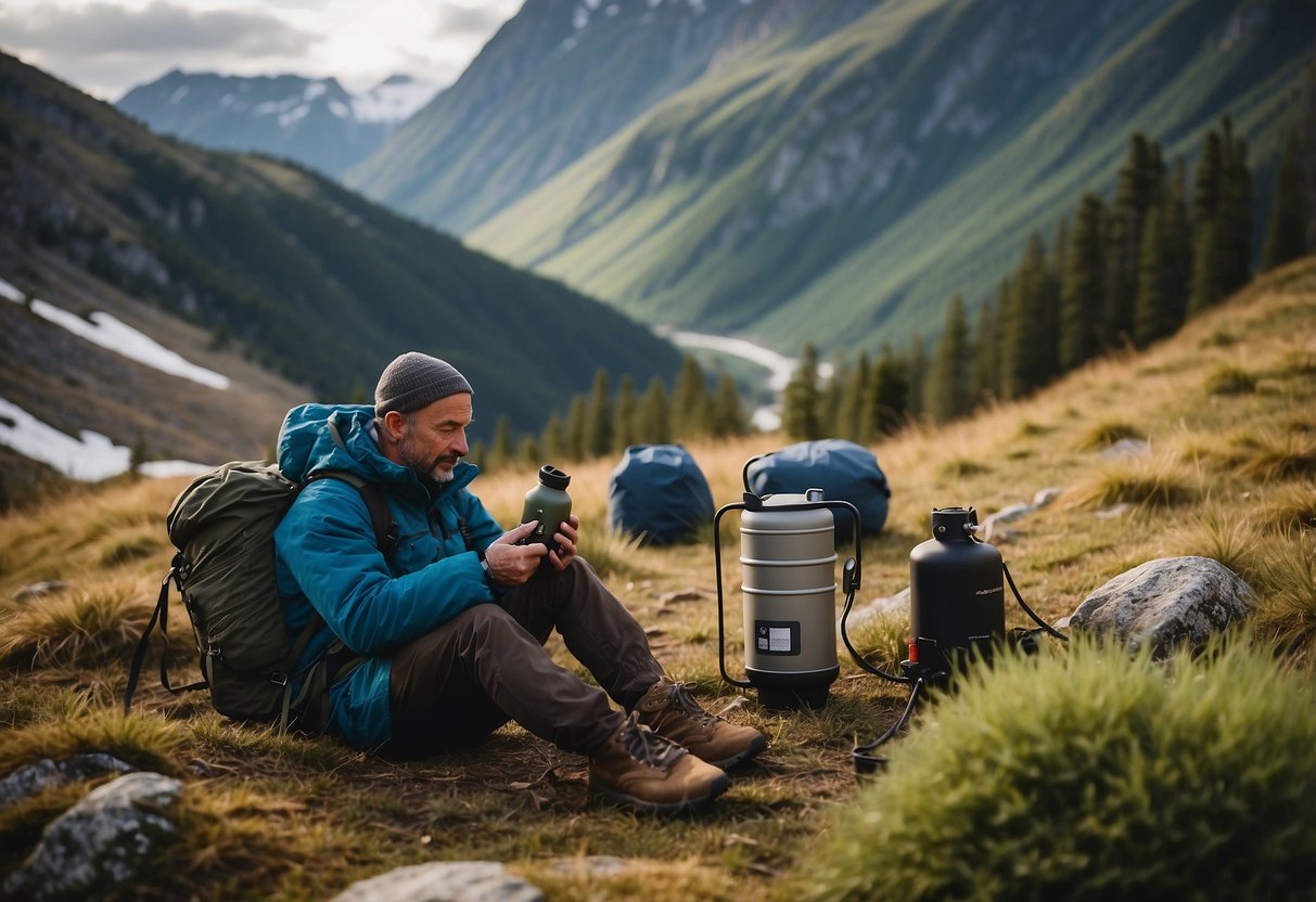 A person sitting in a bushcraft campsite, surrounded by mountains, using a portable oxygen tank. They are following 7 tips for dealing with altitude sickness