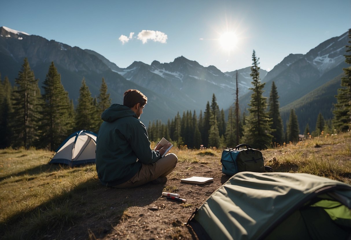 A person sits in a mountain camp, surrounded by trees and a clear sky. They are holding a notebook and pen, with a medical kit nearby. The person looks fatigued and is monitoring their symptoms