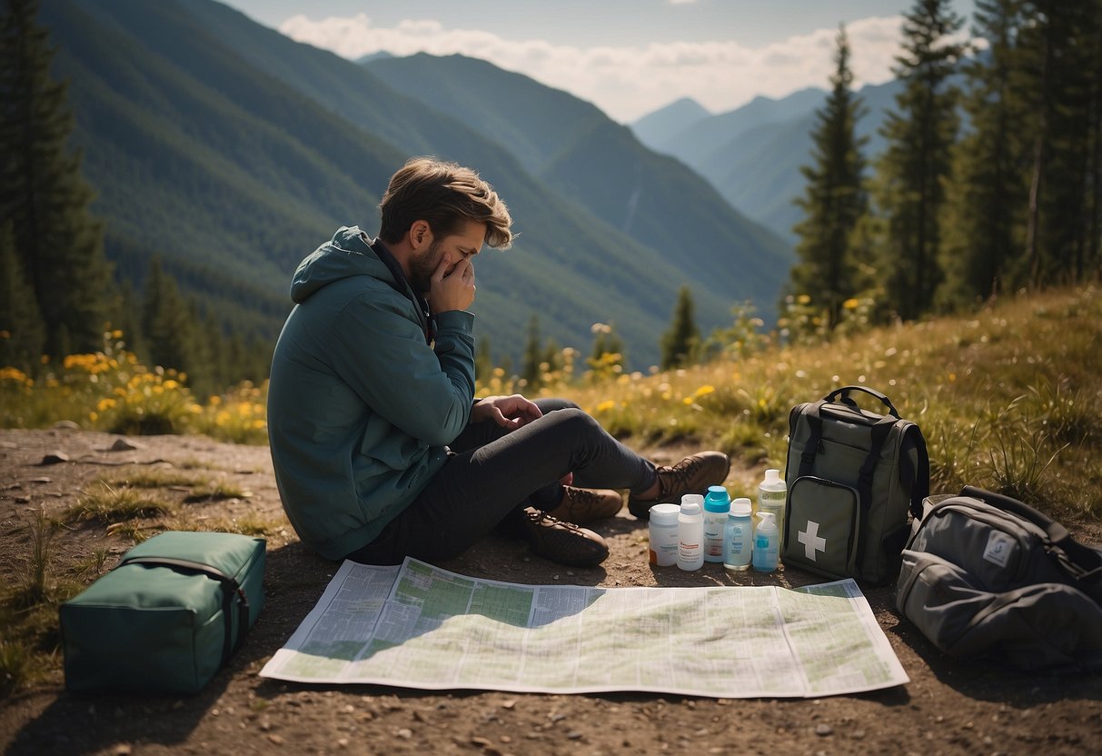 A person sitting in a remote area, surrounded by mountains and trees, holding their head and looking visibly unwell, with a first aid kit and a map nearby