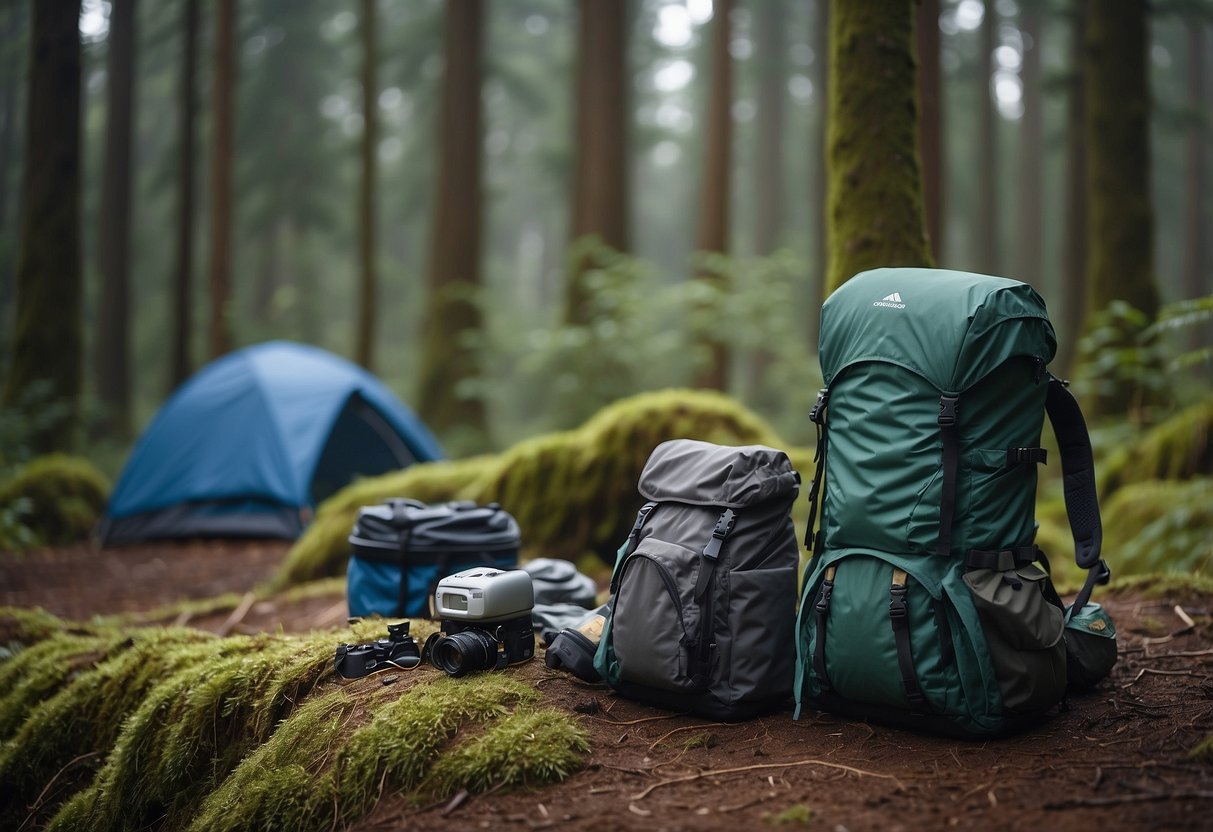 A forest clearing with a small campsite, surrounded by tall trees. A backpack and gear are neatly arranged, with lightweight rain gear hanging from a makeshift clothesline