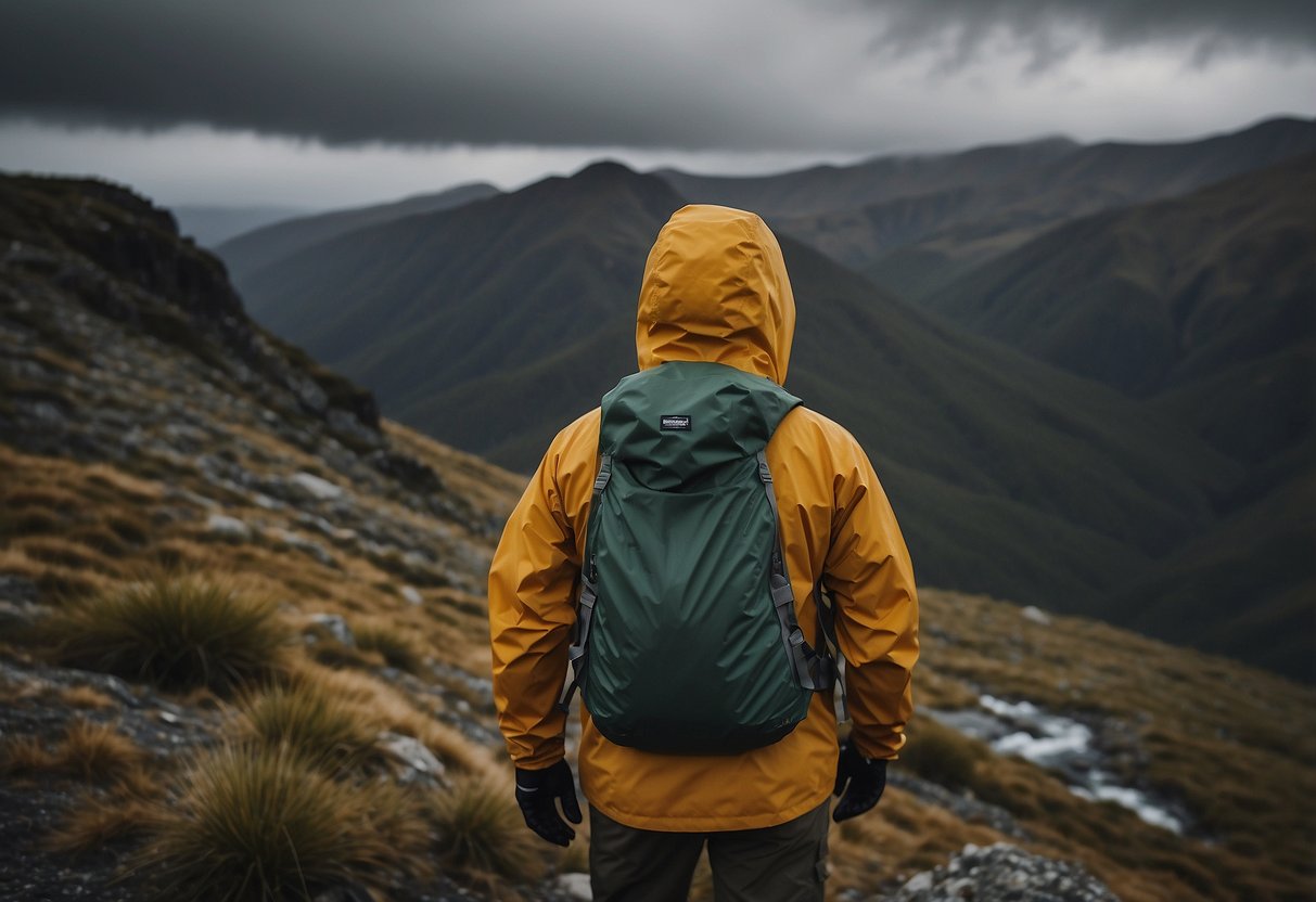 A figure stands in the wilderness wearing a Patagonia Torrentshell 3L Jacket, surrounded by lightweight rain gear and bushcraft tools. The scene is set against a backdrop of rugged terrain and stormy skies