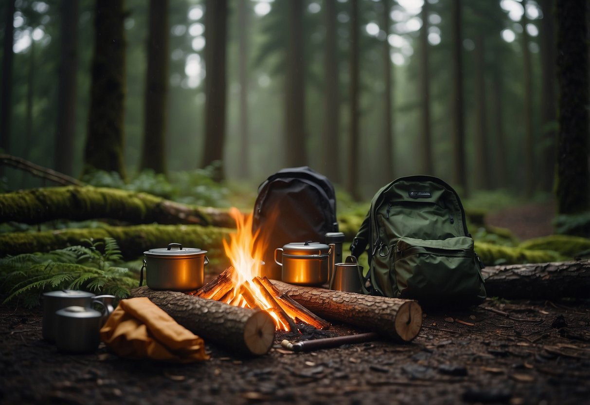 A sunny forest clearing with a small campfire, surrounded by lightweight rain gear items neatly arranged on a log. A backpack and bushcraft tools are placed nearby