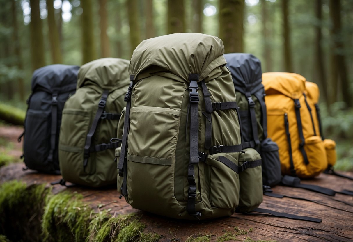 A collection of 10 lightweight bushcraft packs arranged neatly in a natural outdoor setting, surrounded by trees and foliage. Each pack is equipped with multiple compartments and straps for securing gear