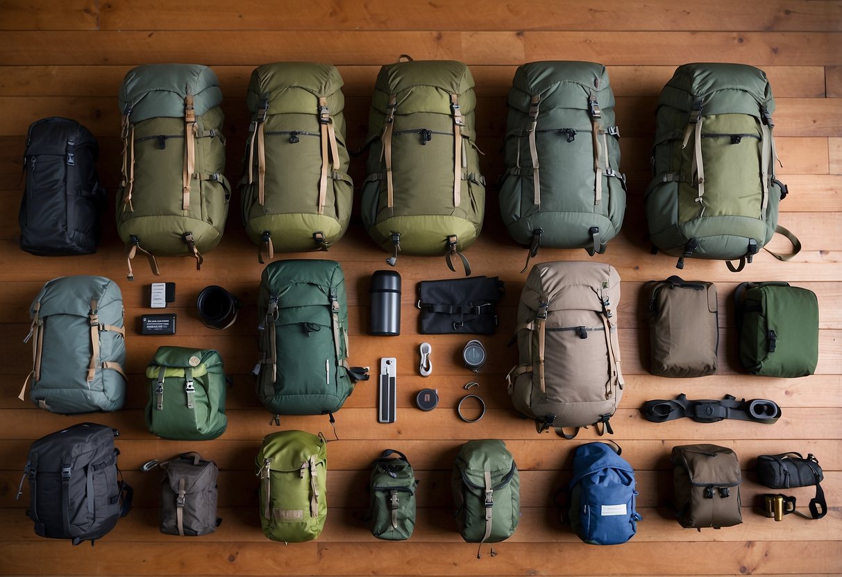 A collection of 10 lightweight bushcraft packs arranged neatly on a wooden table, with various tools and gear scattered around them. A checklist of maintenance tips is pinned to the wall behind them