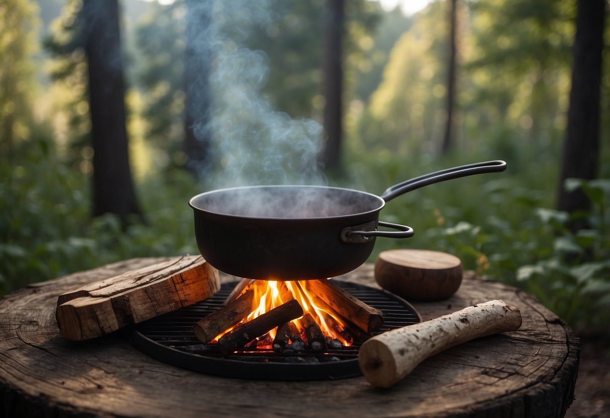 A campfire crackles as a pot hangs over the flames. A rustic table holds fresh ingredients and cooking utensils. Surrounding trees and a clear sky complete the serene wilderness setting