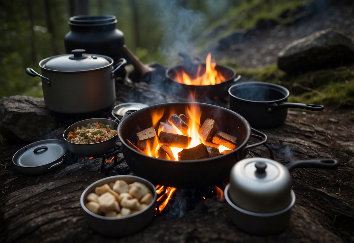 A campfire surrounded by lightweight cookware, with a pot simmering over the flames. A backpack and hiking gear are scattered around the scene, suggesting a wilderness setting