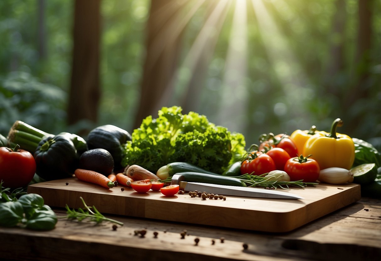 A cutting board sits on a flat rock, surrounded by carefully arranged ingredients - vegetables, spices, and a knife. The backdrop is a lush forest with dappled sunlight filtering through the leaves