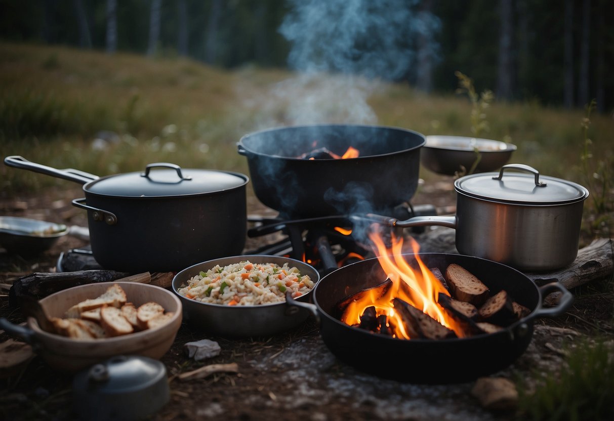 A campfire surrounded by cooking utensils and food stored in bear-proof containers. A sign with "Practice Safe Food Storage 7 Tips for Cooking in the Wilderness" is posted nearby