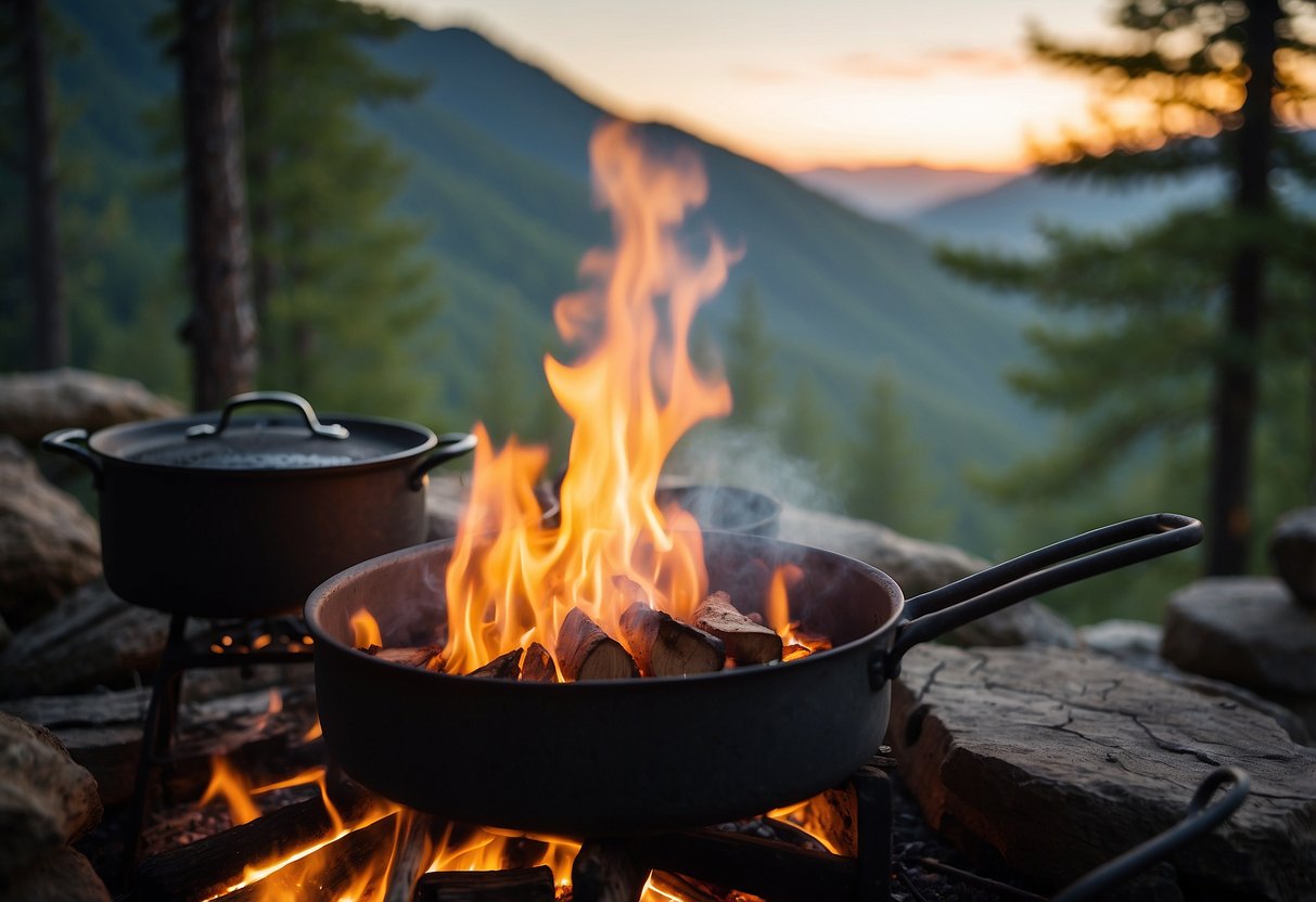 A campfire crackles as a pot hangs over the flames. Nearby, a makeshift outdoor kitchen is set up with utensils and ingredients. The serene wilderness surrounds the cooking area, with trees and a clear sky in the background