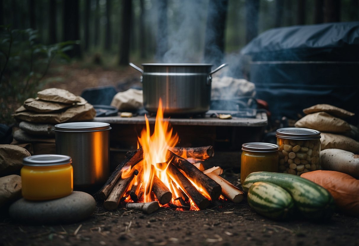 A campfire surrounded by various containers and bags, with food items neatly organized and stored to protect from wildlife and the elements