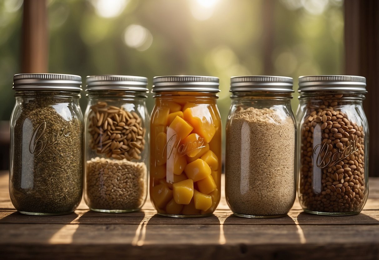 Five mason jars with airtight lids arranged on a rustic wooden table, surrounded by various dried foods and labeled with different storage methods