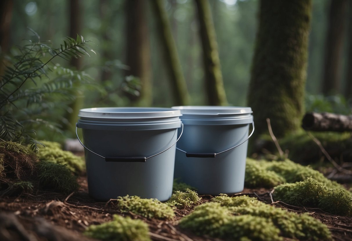 Plastic buckets with gamma seals hold food in a bushcrafting setting