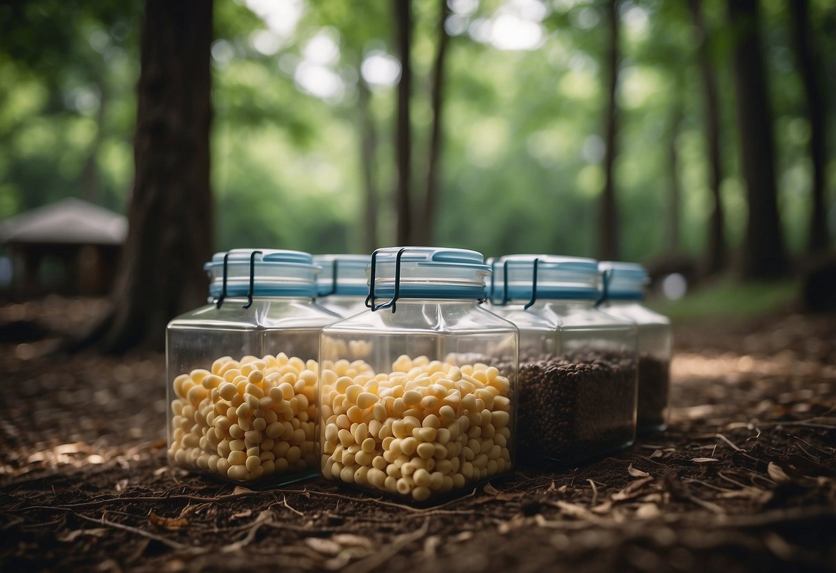 Food stored in airtight containers, wrapped in cloth, hung from trees, buried in the ground, and kept in cool, shaded areas