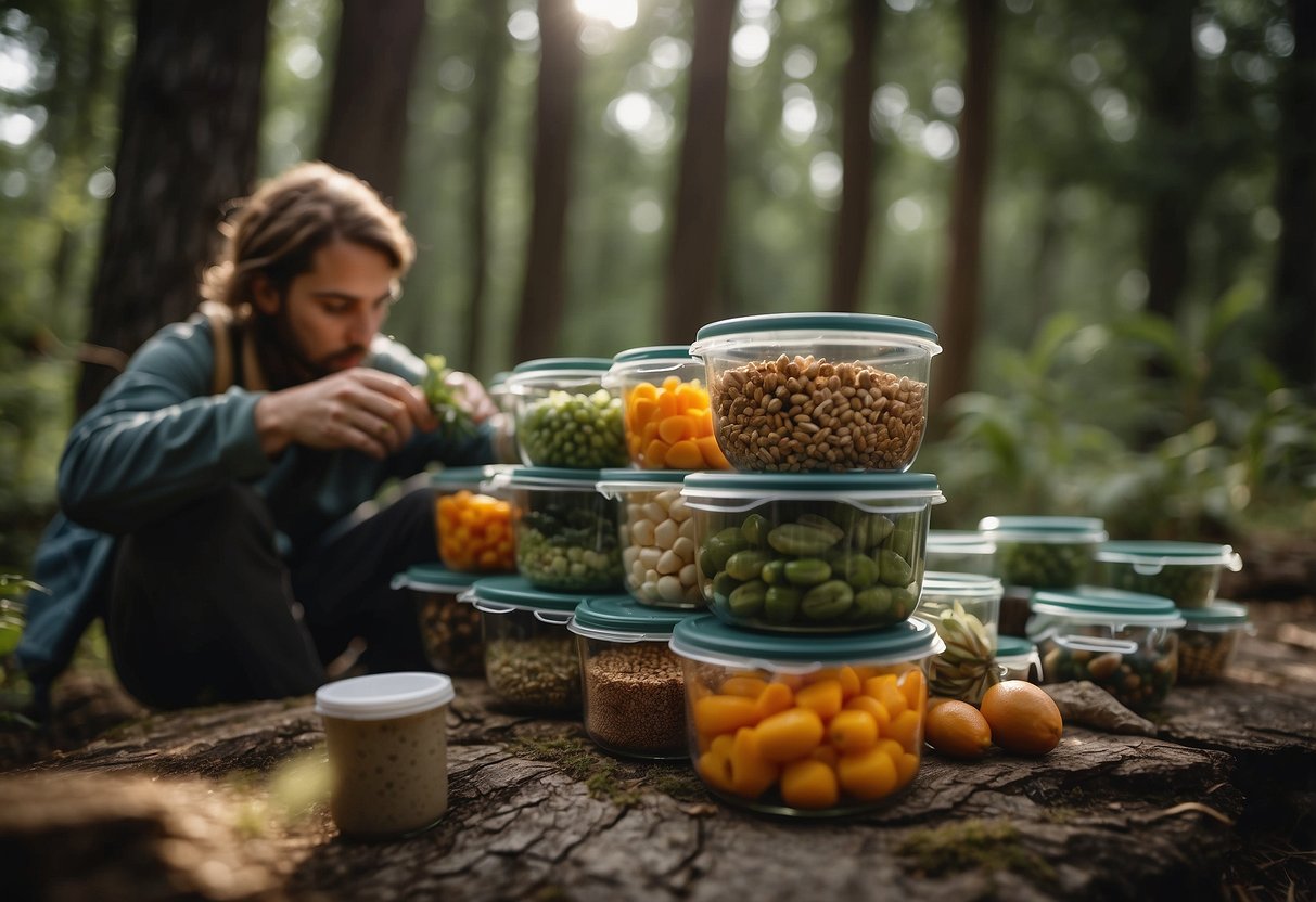 A person arranges various containers for food storage in a natural setting, showcasing different methods for bushcrafting