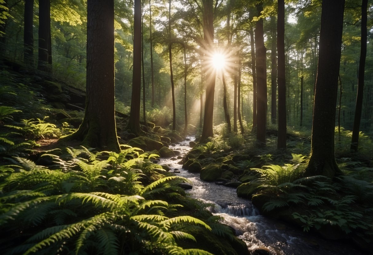 A dense forest with winding trails, towering trees, and a flowing river cutting through the landscape. The sun peeks through the canopy, casting dappled light on the forest floor