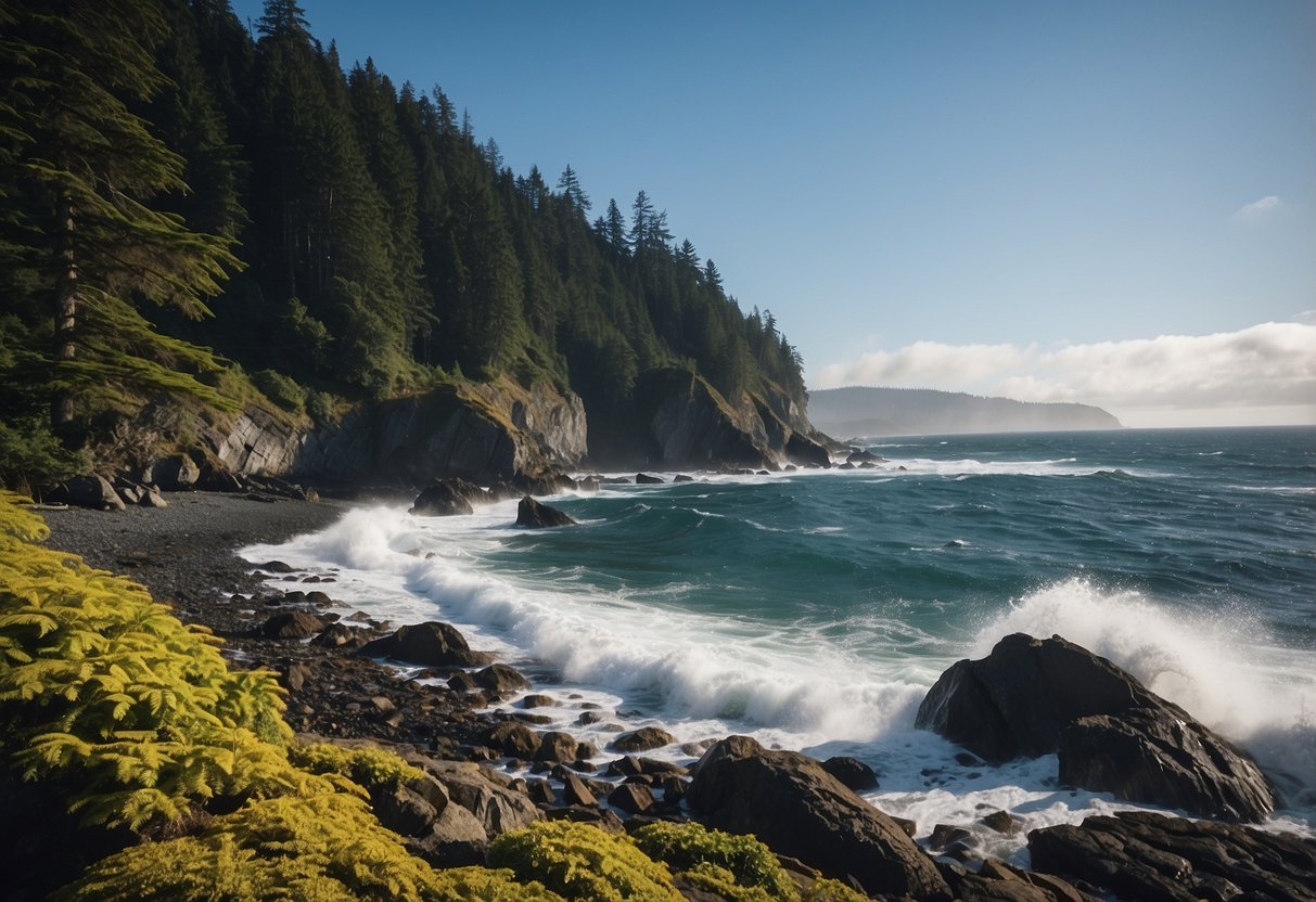 Vibrant coastal forest with towering trees, rugged cliffs, and crashing waves along the West Coast Trail in British Columbia, Canada