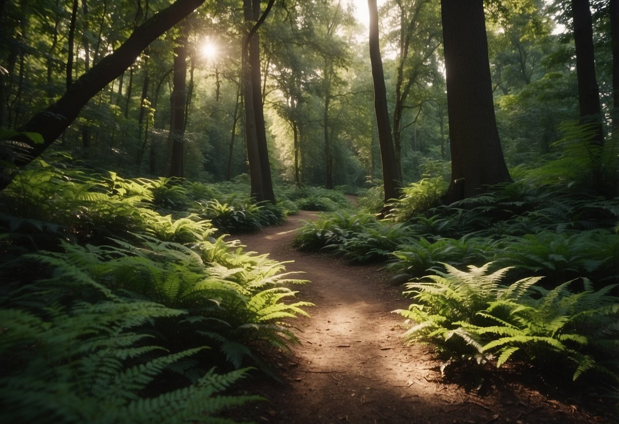 Lush green forest with a winding trail, surrounded by tall trees and vibrant foliage. Sunlight filters through the canopy, casting dappled shadows on the forest floor