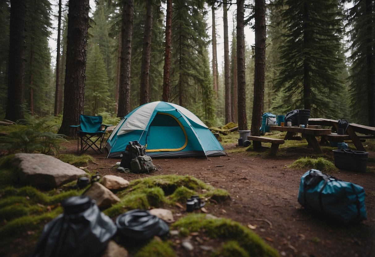 A campsite with neatly organized gear, a water source, and a designated area for waste disposal. Surrounding trees and nature indicate a remote wilderness setting