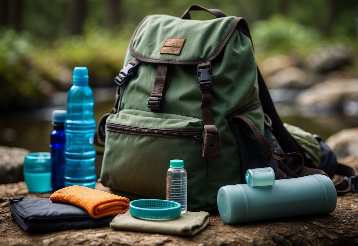 A microfiber towel is neatly folded next to a backpack, surrounded by a compass, water bottle, and other bushcraft essentials