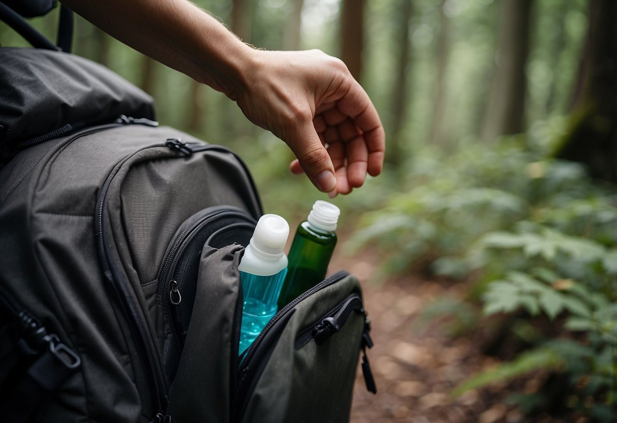 A hand reaching into a backpack, pulling out a small bottle of hand sanitizer. Surrounding the backpack are various outdoor gear and tools for a bushcraft trip