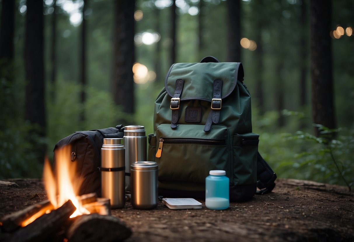 A backpack with reusable hygiene items placed neatly next to a campfire and surrounded by trees and nature