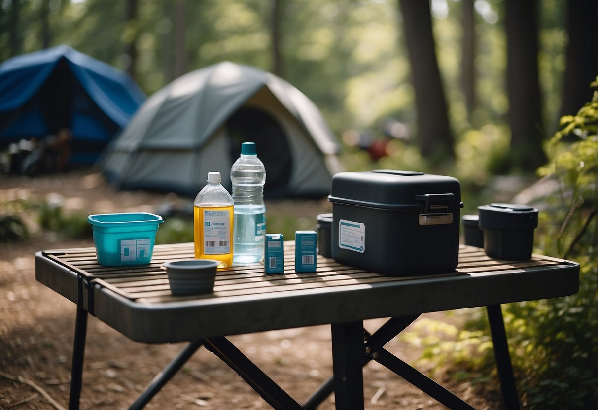 A campsite with neatly organized gear, a water source, and a designated area for waste disposal. Clean dishes are drying on a rack, and a hand sanitizer station is set up near the cooking area