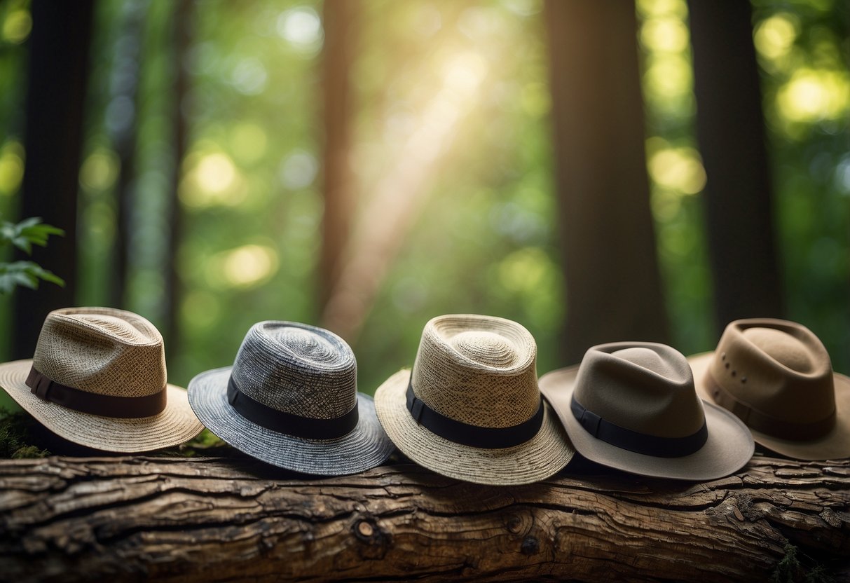 A sunny forest clearing with 5 different lightweight bushcraft hats arranged on a wooden stump, surrounded by tall trees and dappled sunlight