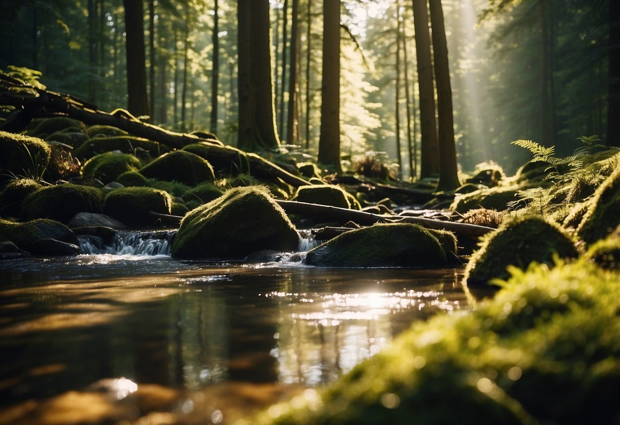 A sunny forest clearing with a stream, surrounded by tall trees. A lightweight, wide-brimmed hat rests on a rock, casting a shadow