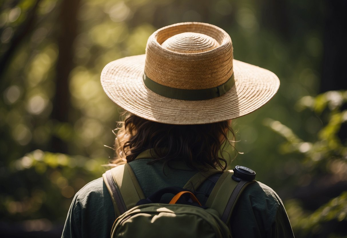 A wide-brimmed hat shields a bushcraft enthusiast from the intense sun as they navigate through the wilderness, emphasizing the importance of sun protection in outdoor activities