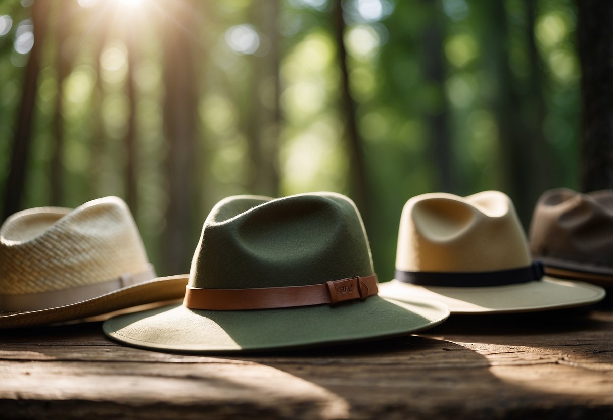 A sunny forest clearing with 5 different styles of lightweight bushcraft hats displayed on a wooden table, surrounded by tall trees and dappled sunlight