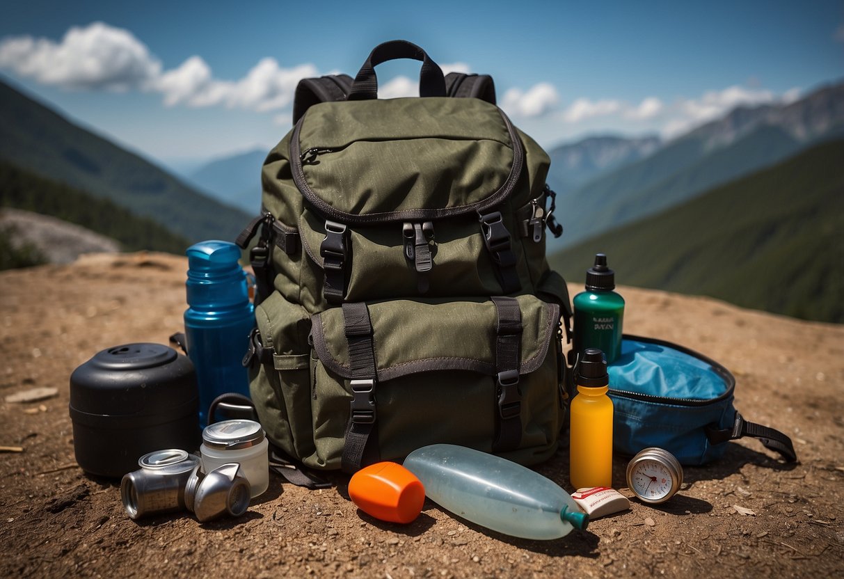 A person's backpack open with emergency supplies spilling out, a fire pit with flames, a makeshift shelter, a first aid kit, a map, a compass, a flashlight, a knife, a water bottle, and a whistle